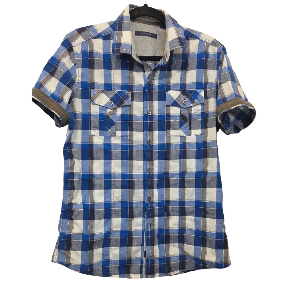 7 Diamonds Mens Blue Plaid Short Sleeve Button Down Shirt Size M Contrast Trim